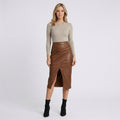 Women’s Faux Leather Midi Skirt Front Slit – High Waist Statement Skirt