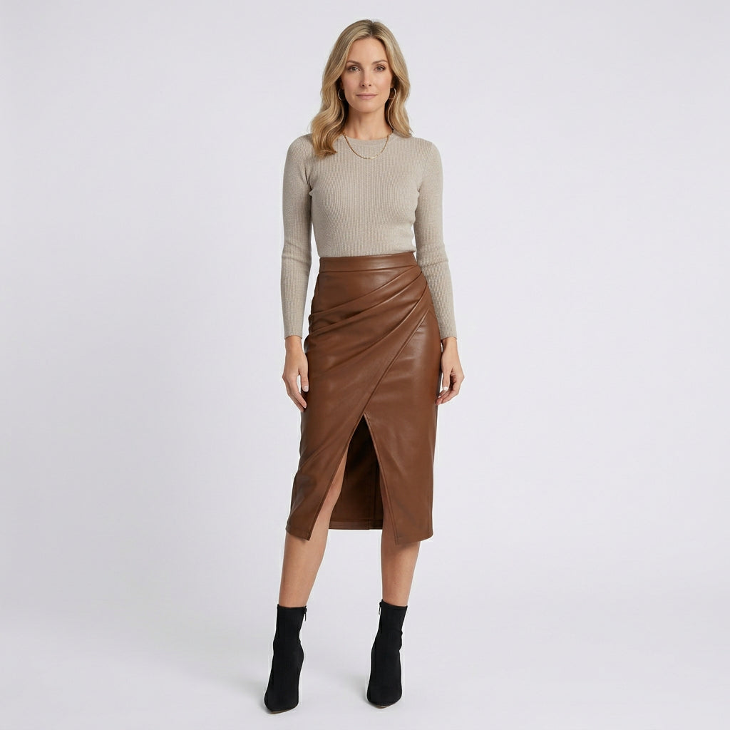 Women’s Faux Leather Midi Skirt Front Slit – High Waist Statement Skirt