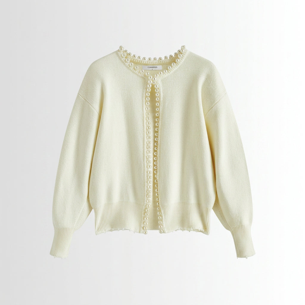 Women Cream Pearl Trim Cardigan