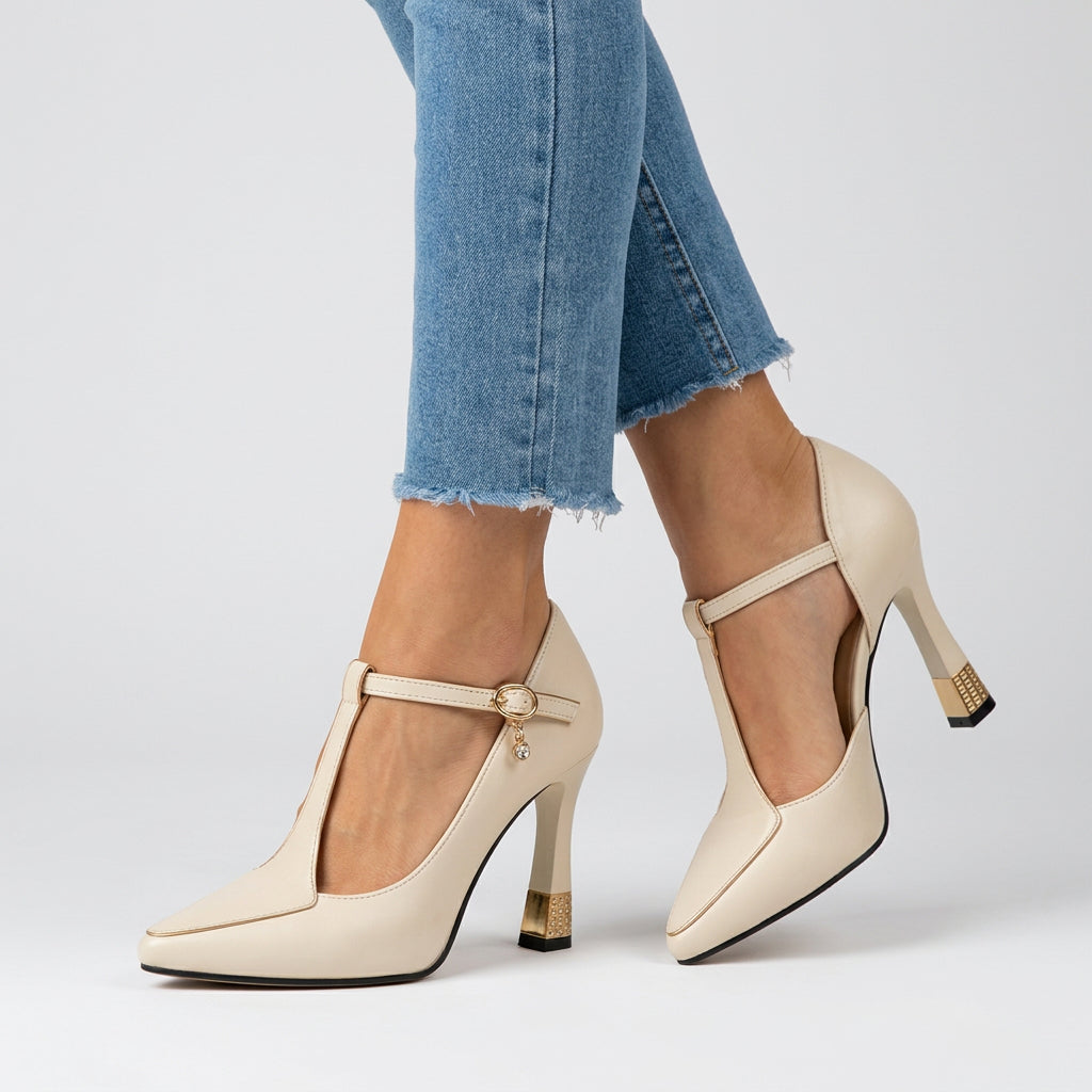Women’s Pointed Toe T Strap Heels Contrast Trim – Elegant Occasion Shoes