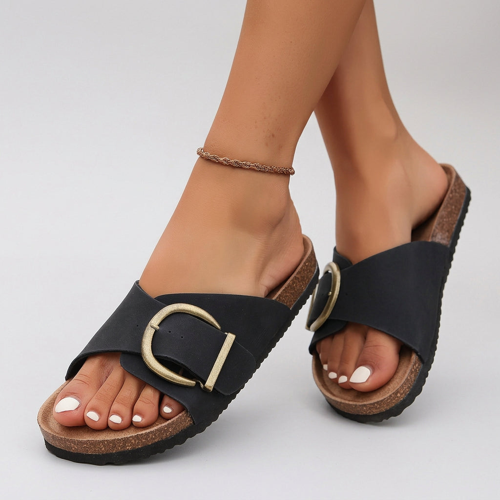 Women’s Buckle Slide Sandals Contoured Footbed – Everyday Comfort Sandals