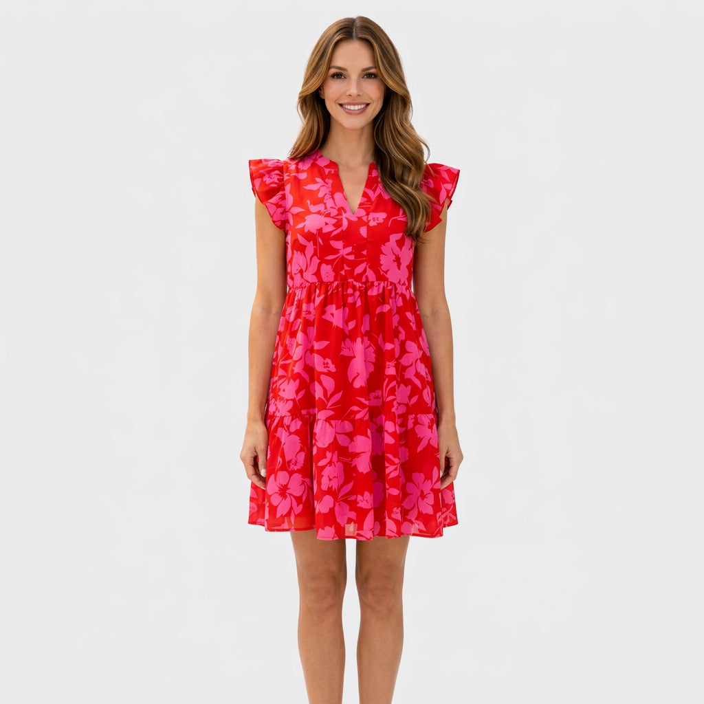 Women’s Floral Mini Dress Ruffle Sleeve – Casual Holiday Dress