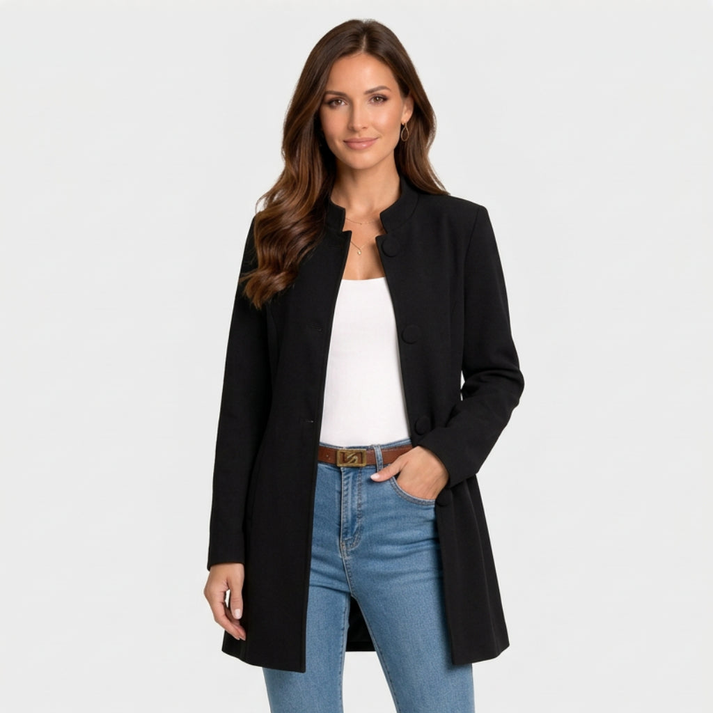 Women’s Stand Collar Coat – Button Front Mid Length Coat