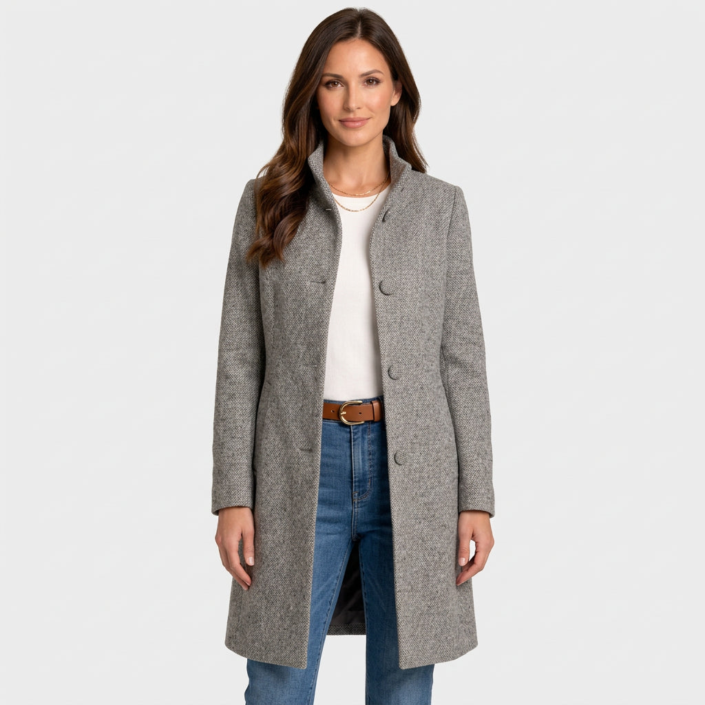 Women’s Stand Collar Coat – Button Front Mid Length Coat