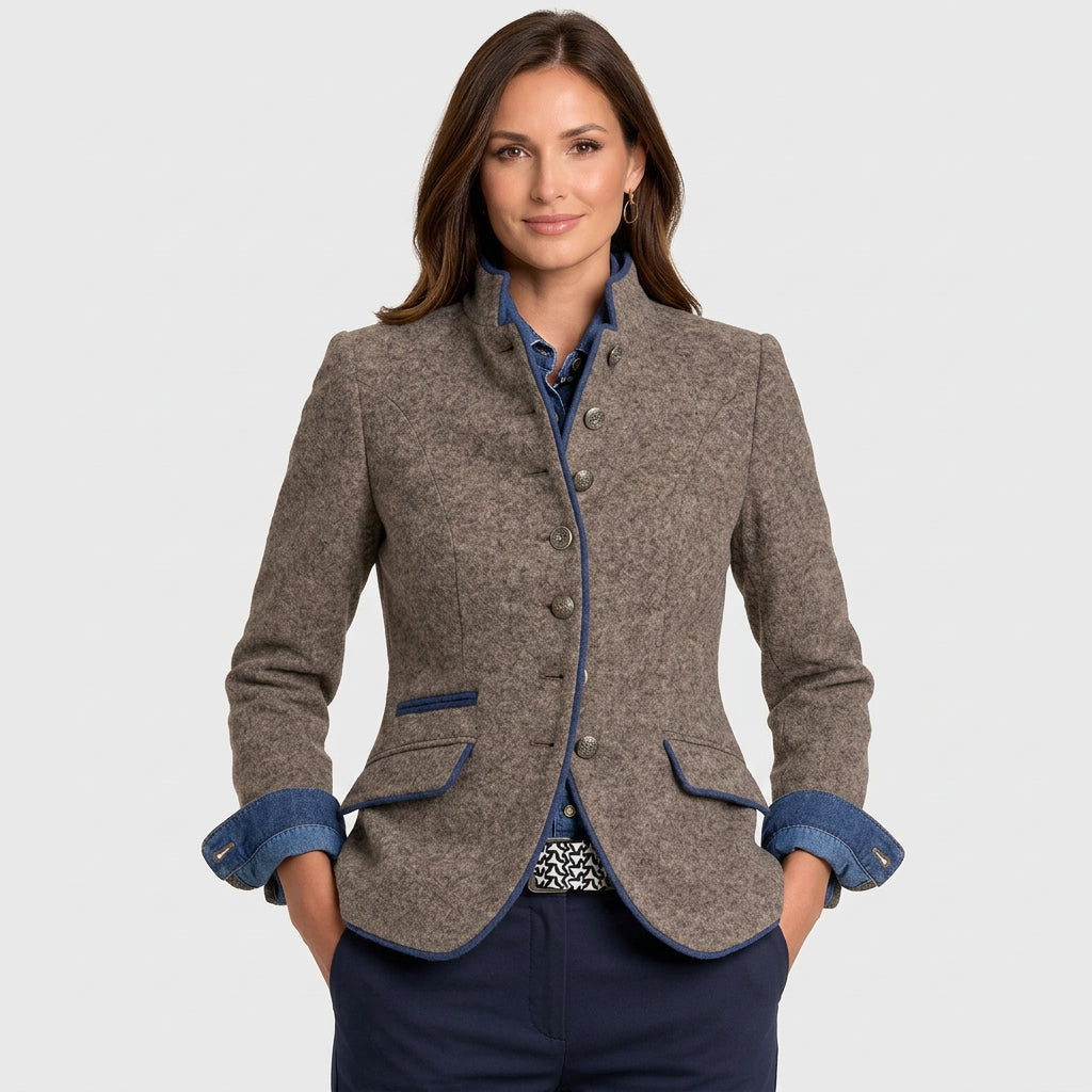 Women’s Stand Collar Wool Blend Jacket – Button Front Tailored Jacket