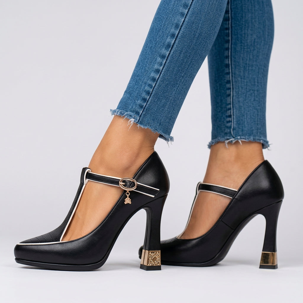 Women’s Pointed Toe T Strap Heels Contrast Trim – Elegant Occasion Shoes