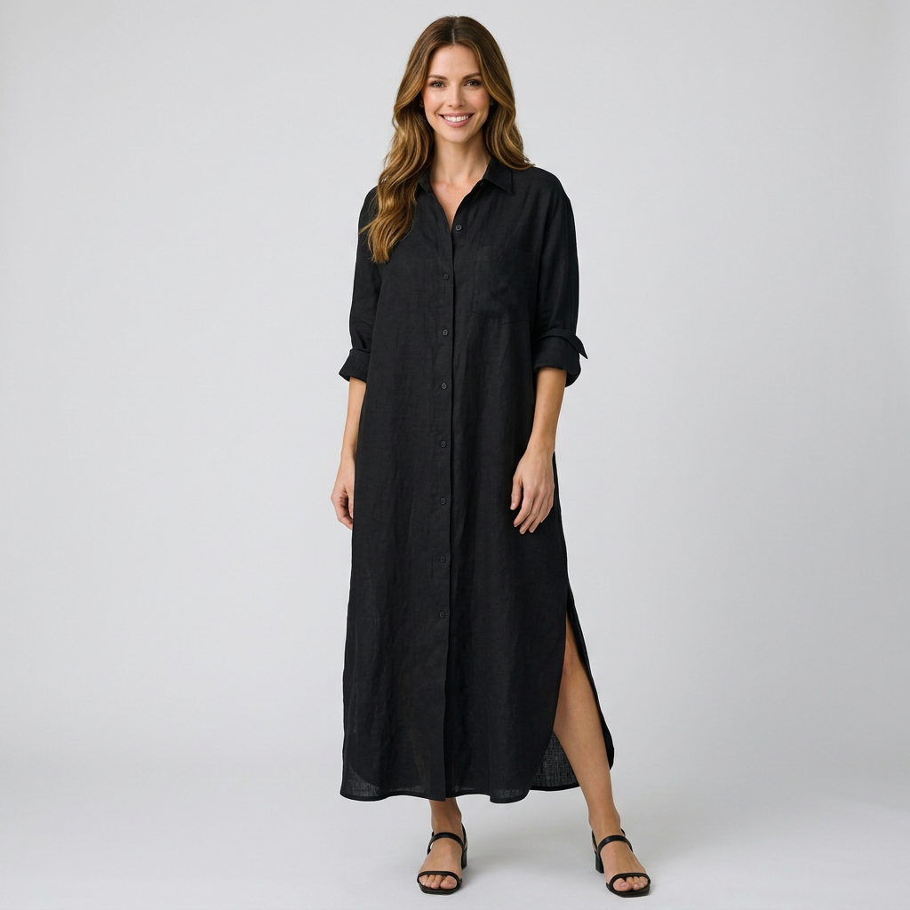 Women’s Button Front Shirt Dress Longline – Relaxed Everyday Midi Dress