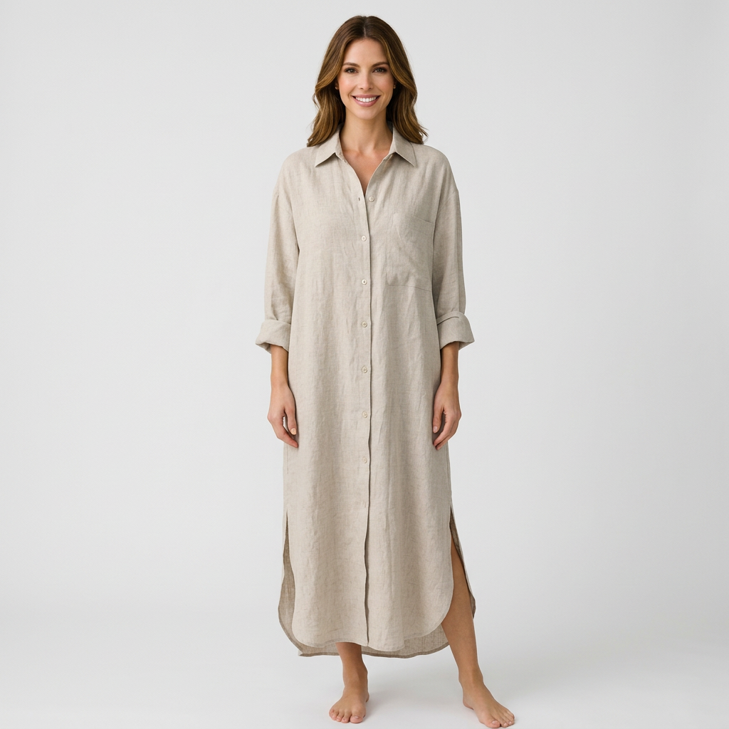 Women’s Button Front Shirt Dress Longline – Relaxed Everyday Midi Dress