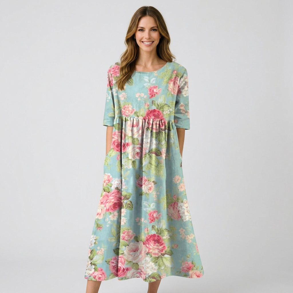 Women’s Floral Midi Dress Three Quarter Sleeve – Casual Printed Dress