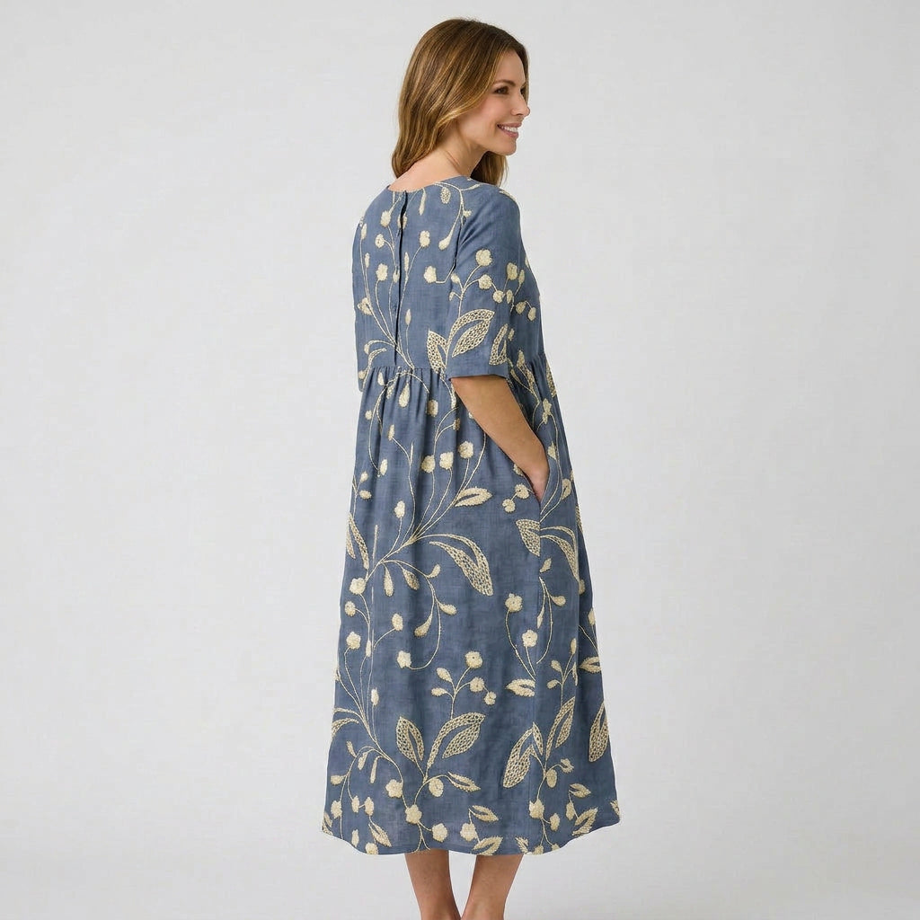Women’s Floral Midi Dress Three Quarter Sleeve – Casual Printed Dress