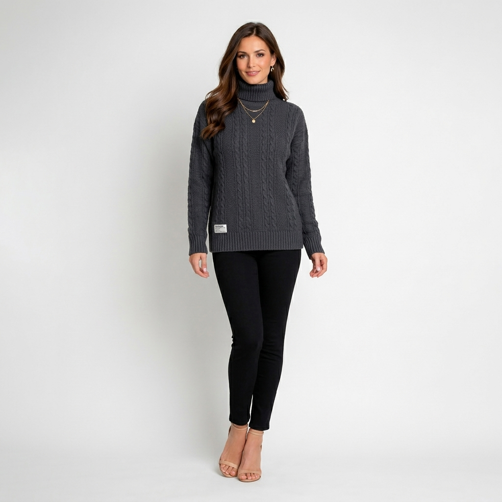 Women’s Cable Knit Turtleneck Sweater – Long Sleeve Ribbed Hem Pullover