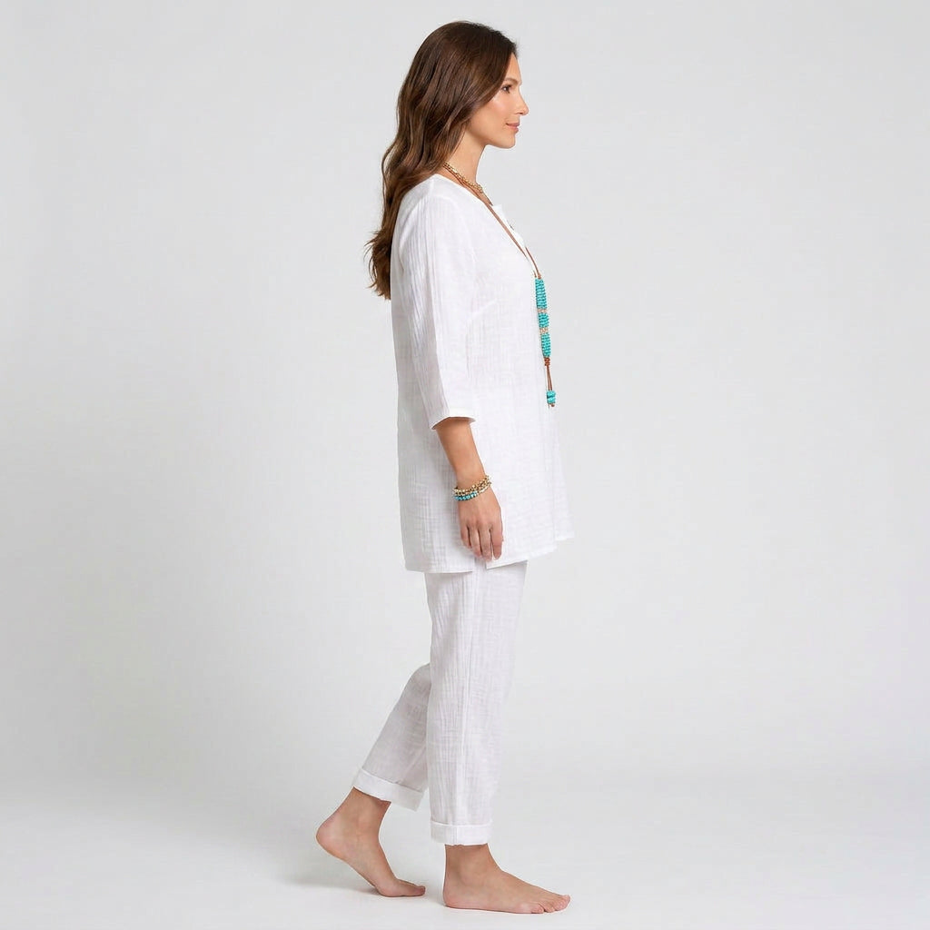 Women Two Piece Linen Set Long Tunic Top and Relaxed Pants Casual Everyday