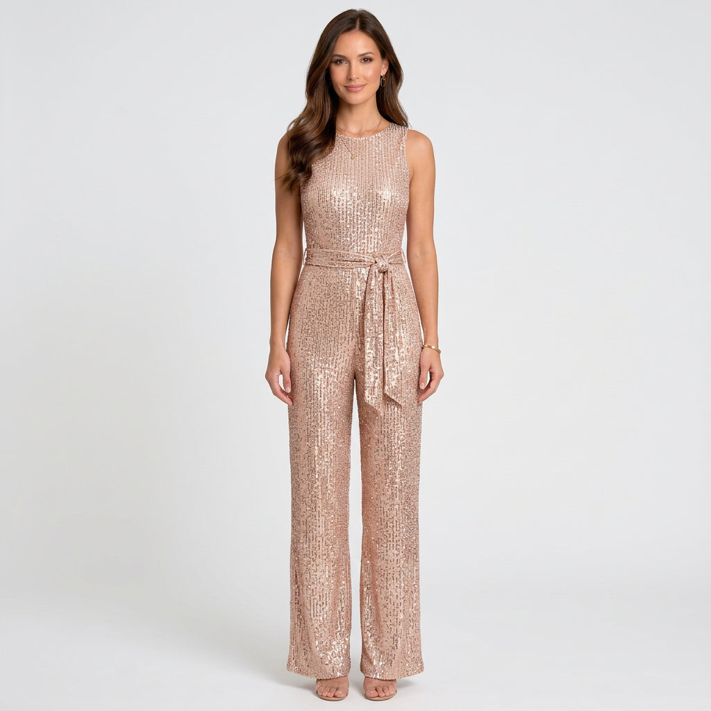 Women’s Sequin Jumpsuit Belted Waist – Sleeveless Evening One Piece