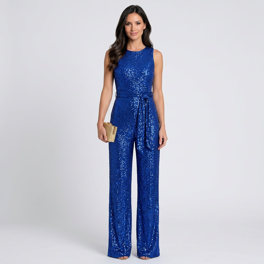 Women’s Sequin Jumpsuit Belted Waist – Sleeveless Evening One Piece