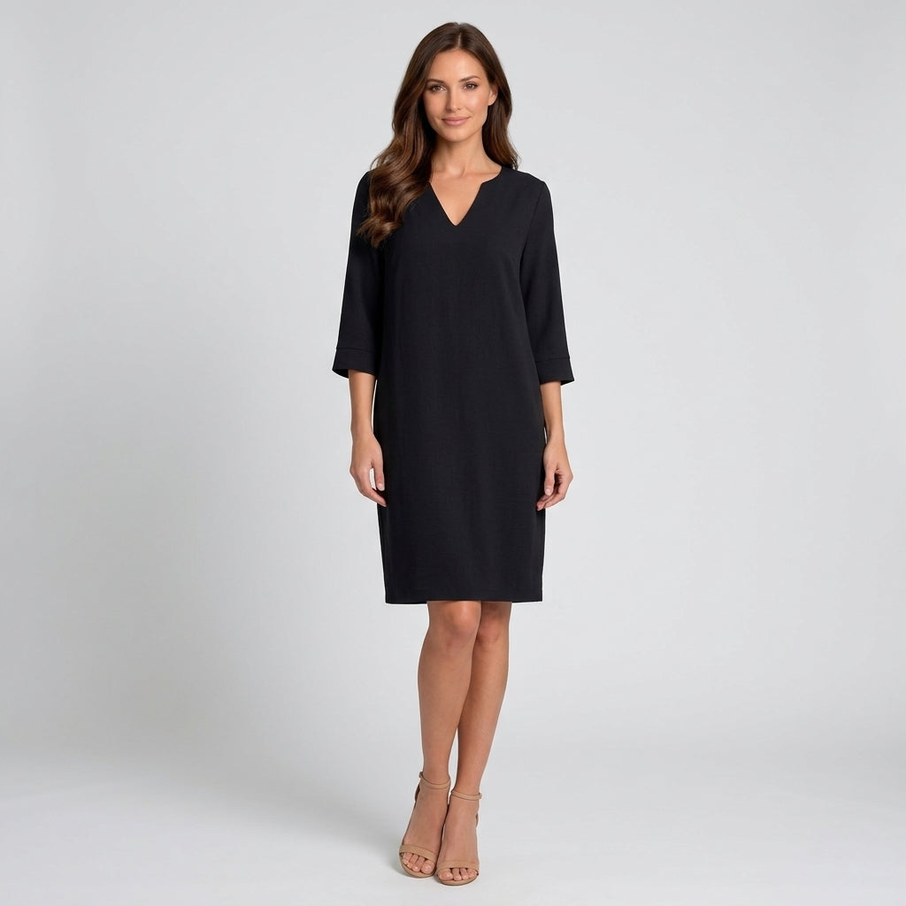 Women V Neck Linen Mini Dress Three Quarter Sleeve - Casual Linen Dress