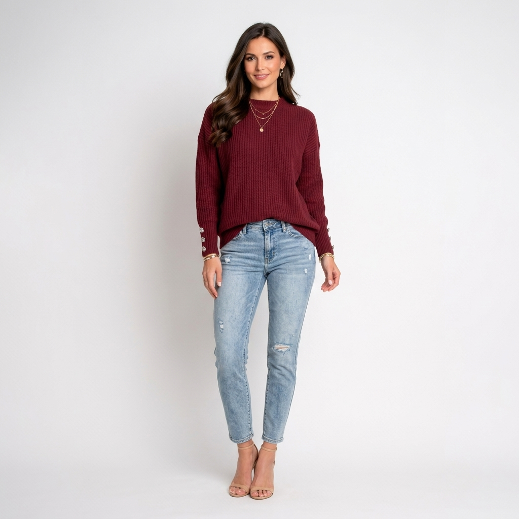 Women’s Oversized Ribbed Knit Sweater – Long Sleeve Button Cuff Pullover