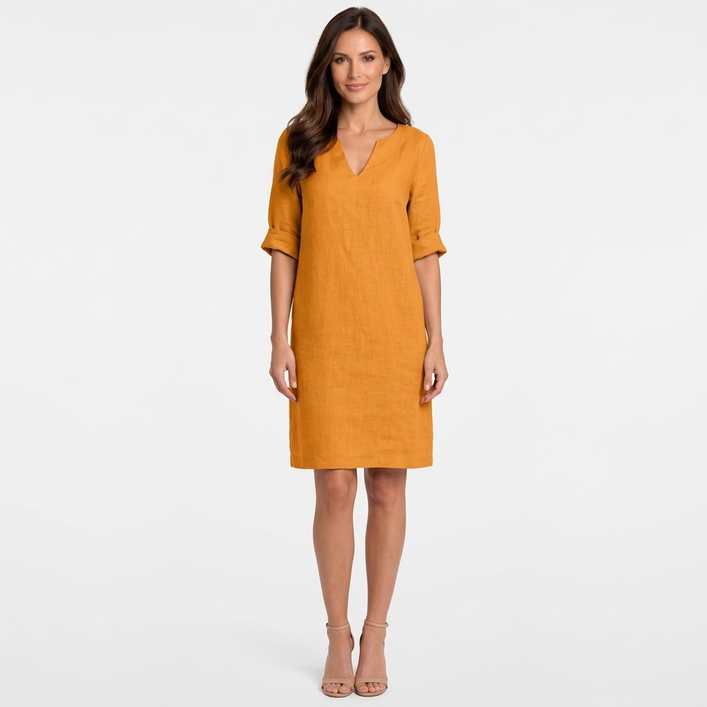 Women V Neck Linen Mini Dress Three Quarter Sleeve - Casual Linen Dress