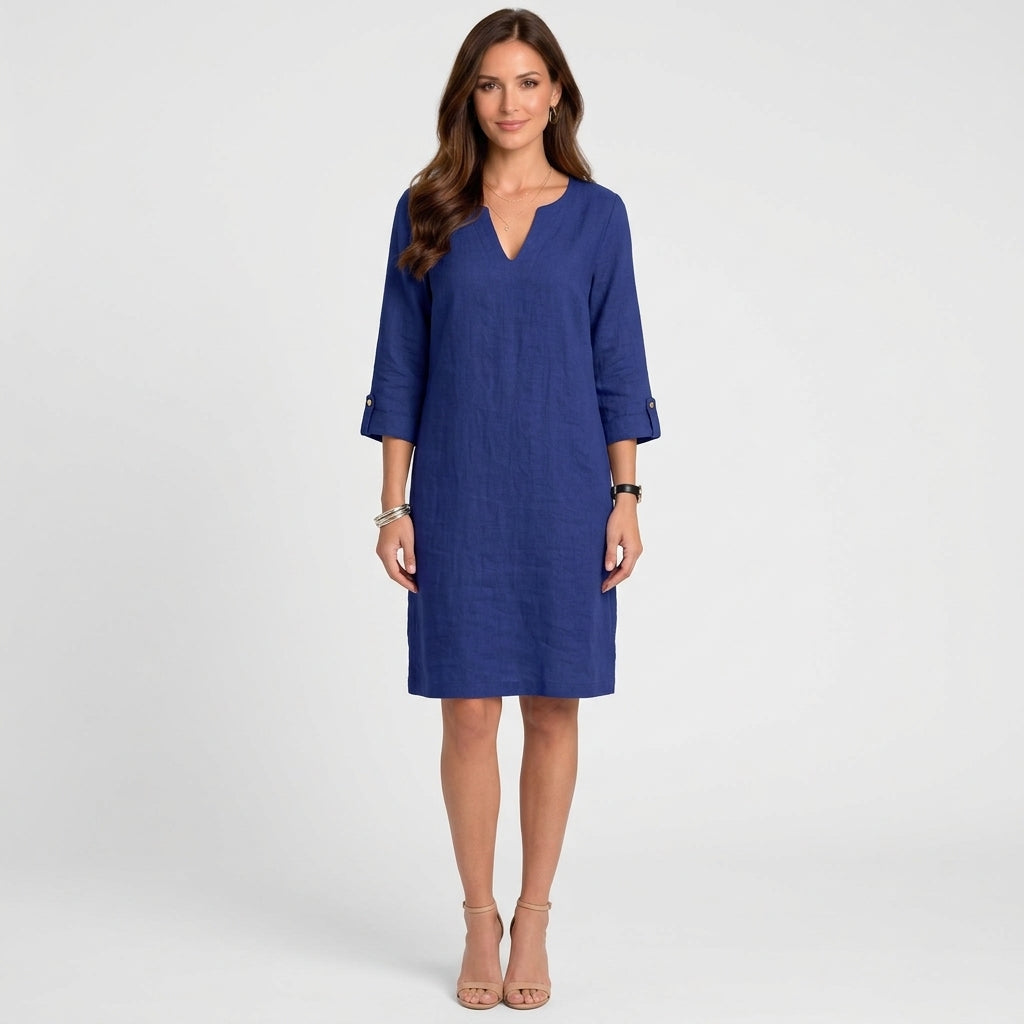 Women V Neck Linen Mini Dress Three Quarter Sleeve - Casual Linen Dress