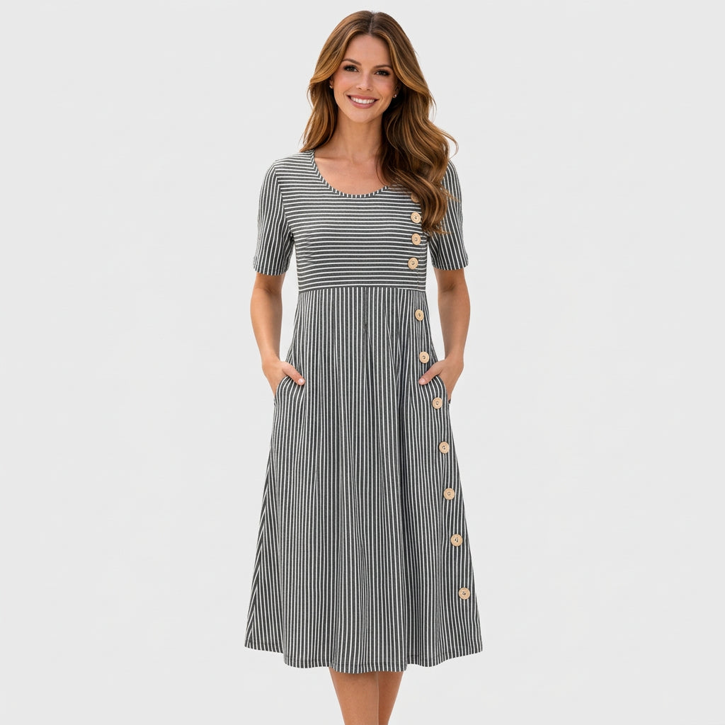 Striped Button Detail Midi Dress Women
