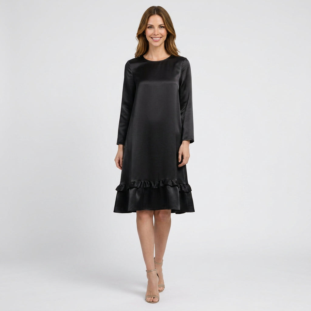 Women’s Satin Midi Dress Long Sleeve – Ruffle Hem Occasion Dress