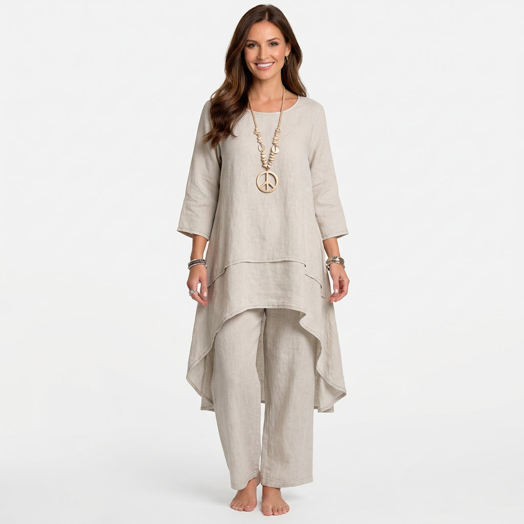 Women Two Piece Linen Set Long Tunic Top and Relaxed Pants Casual Everyday