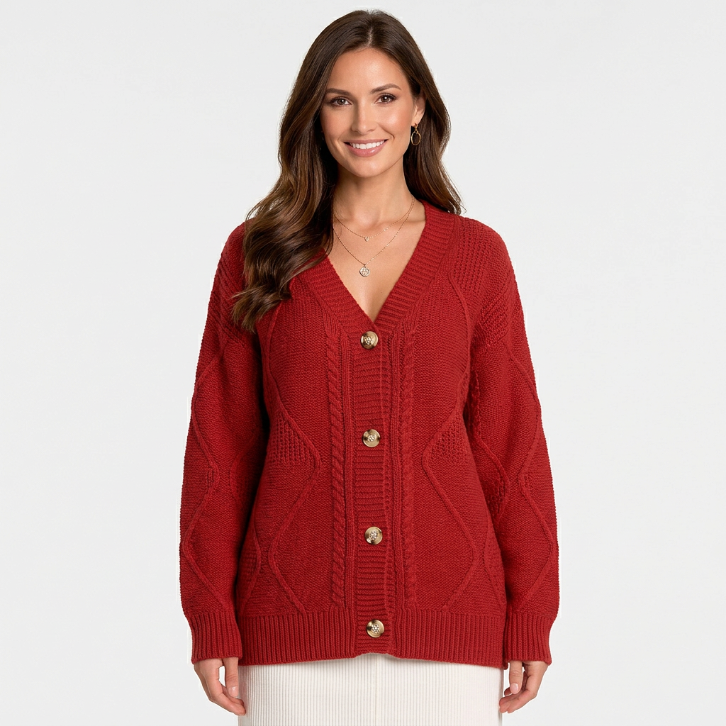 Women’s Cable Knit Cardigan – Button Front V-Neck Cardigan