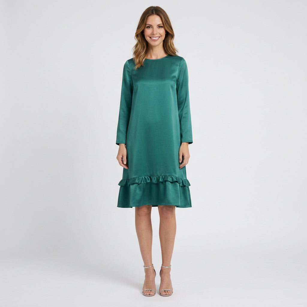 Women’s Satin Midi Dress Long Sleeve – Ruffle Hem Occasion Dress