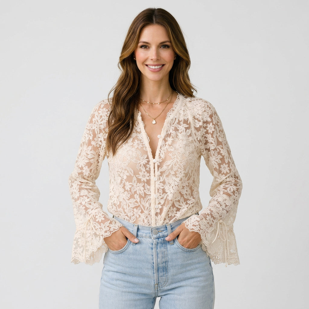 Women’s Lace Blouse Floral Sheer – Bell Sleeve V Neck Top