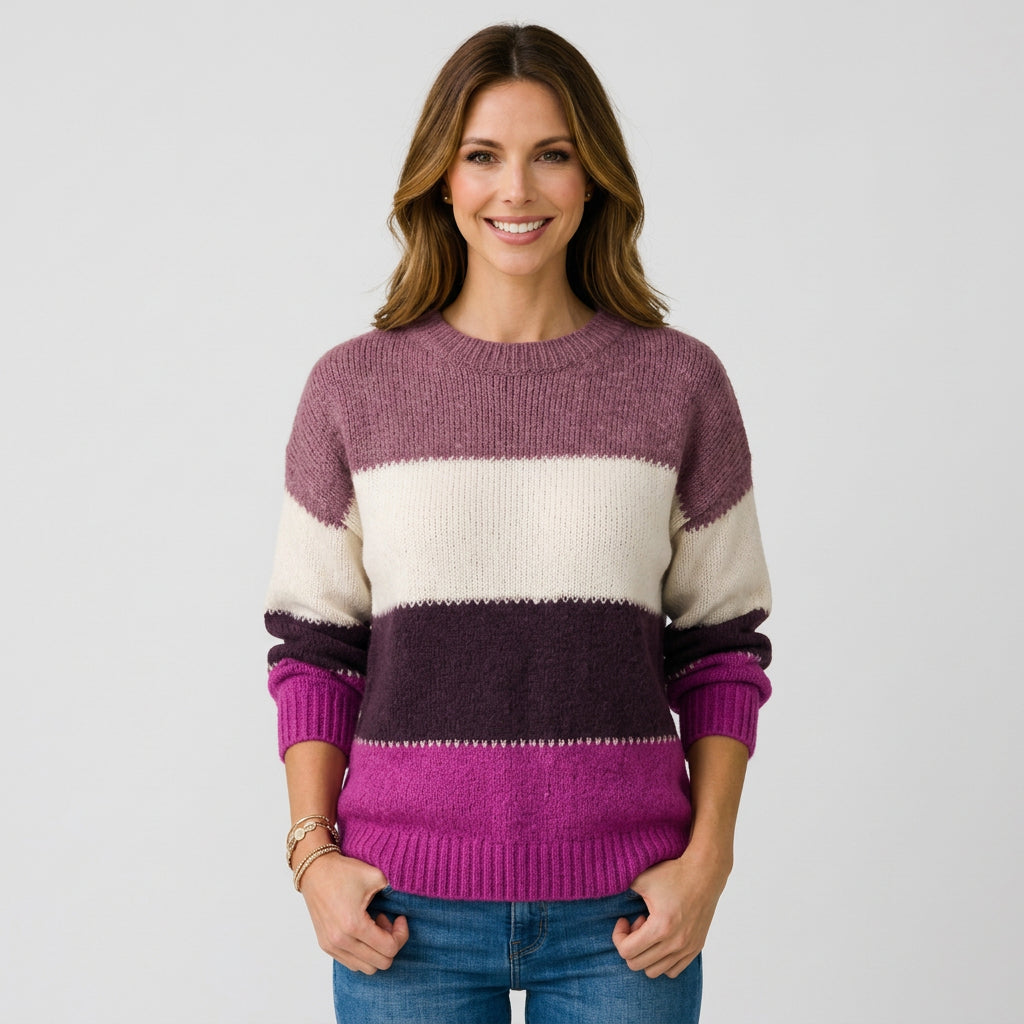 Women’s Color Block Sweater Crew Neck – Long Sleeve Casual Knit Top