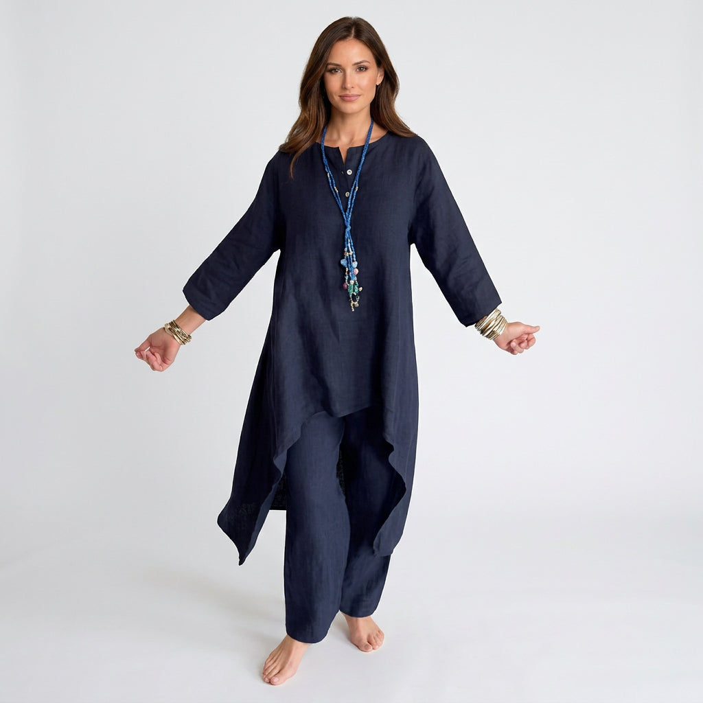 Women Two Piece Linen Set Long Tunic Top and Relaxed Pants Casual Everyday