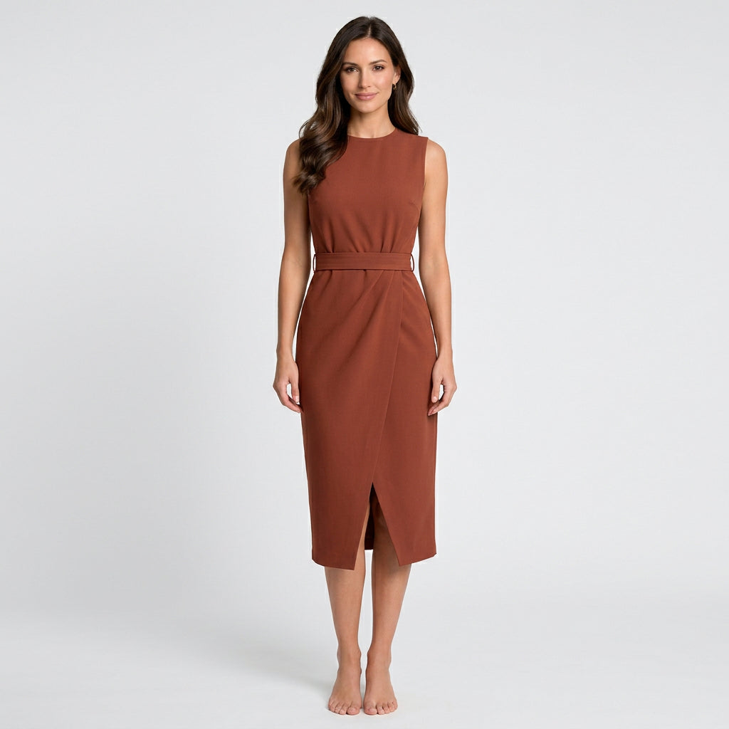 Women’s Sleeveless Midi Dress Defined Waist – Draped Workwear Dress