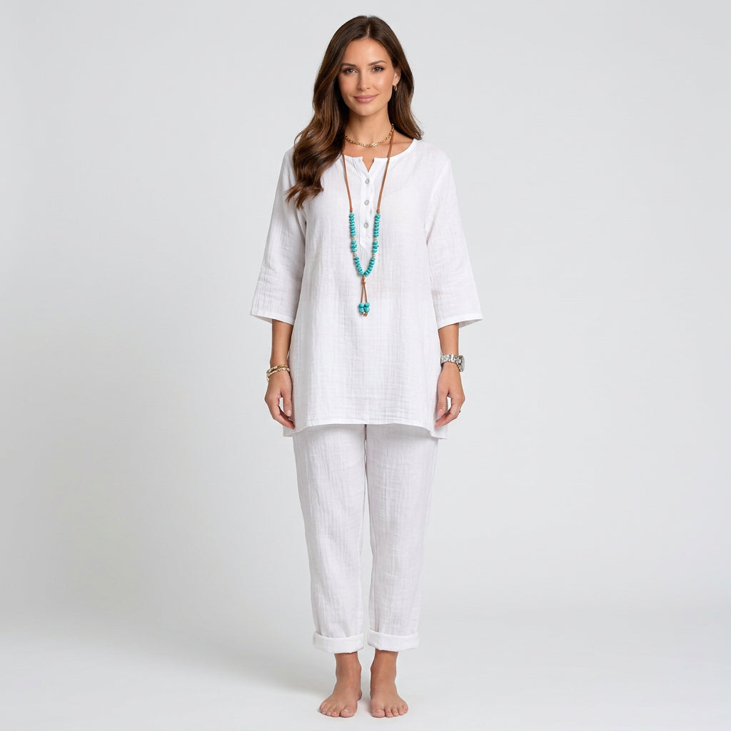 Women Two Piece Linen Set Long Tunic Top and Relaxed Pants Casual Everyday