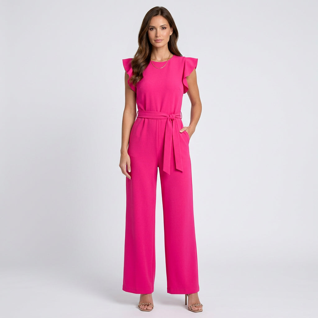Women’s Wide Leg Jumpsuit Belted Waist – Flutter Sleeve Occasion One Piece