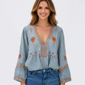 Embroidered V Neck Boho Blouse Women