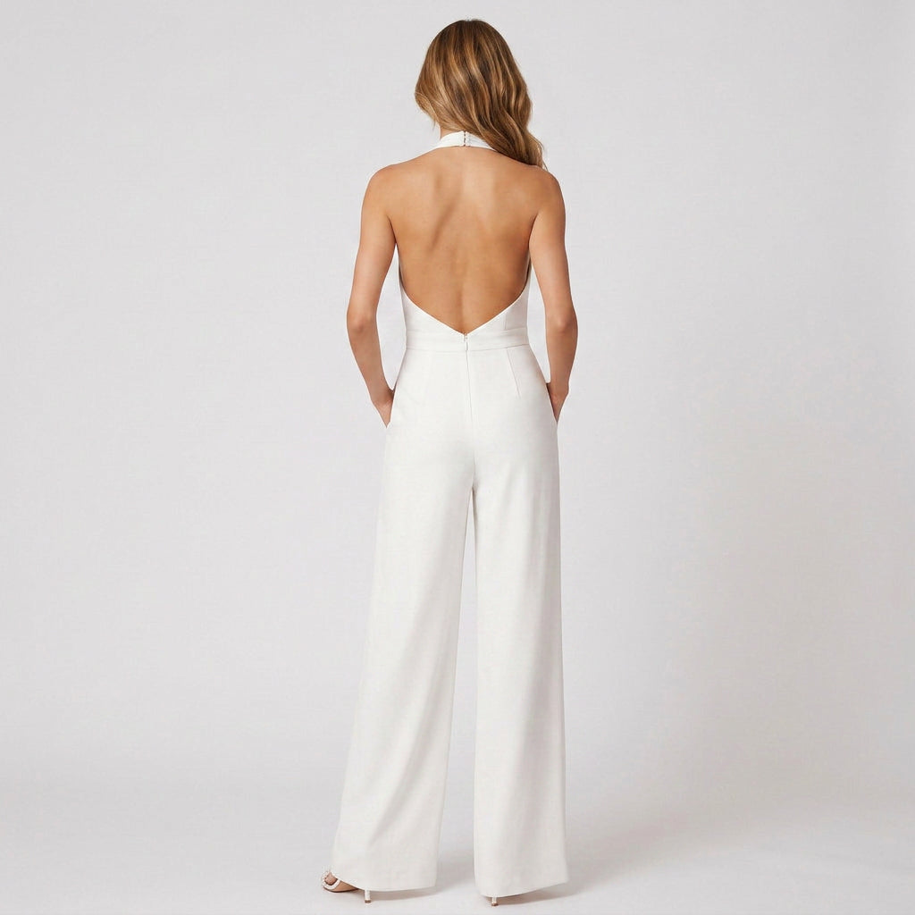 Women’s Halter Wide Leg Jumpsuit Button Detail – Tailored Occasion Outfit