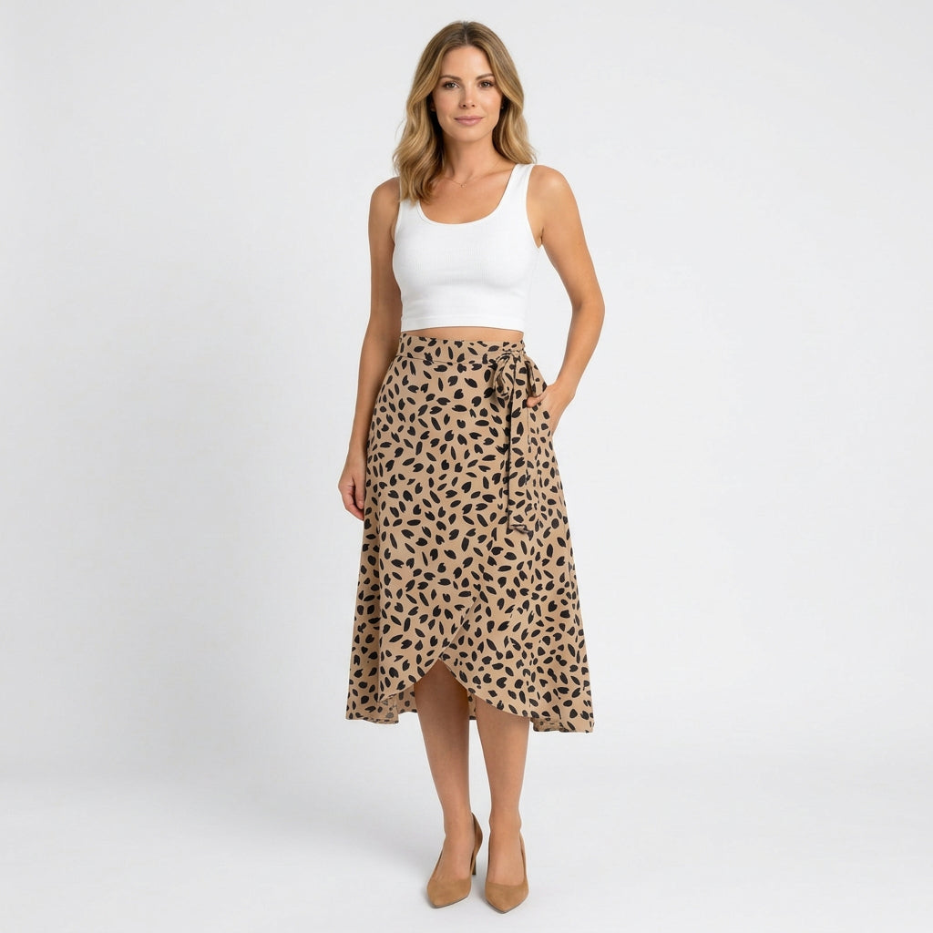 Women’s Wrap Midi Skirt Printed Waist Tie – Casual A Line Skirt