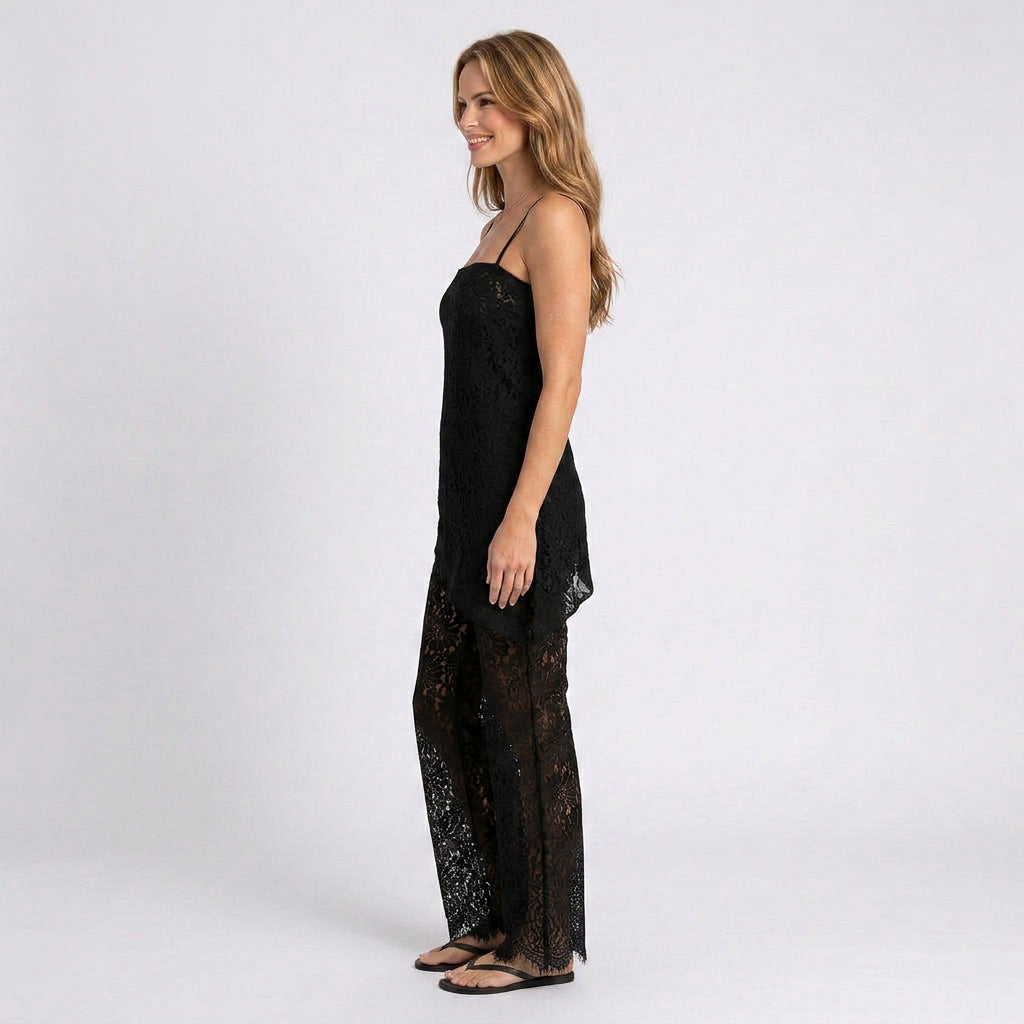 Women Black Lace Top and Pants Set
