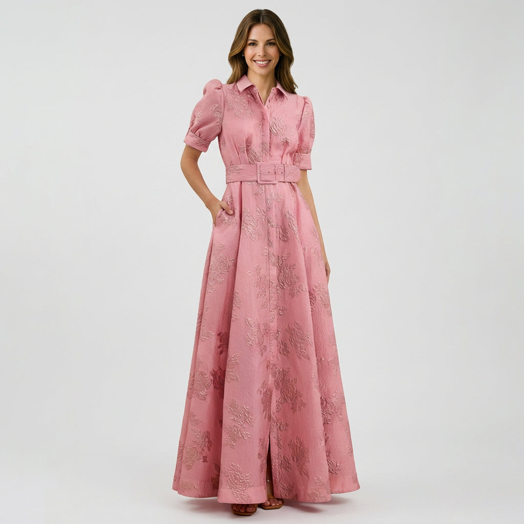 Women’s Maxi Shirt Dress Belted Waist – Puff Sleeve Occasion Dress