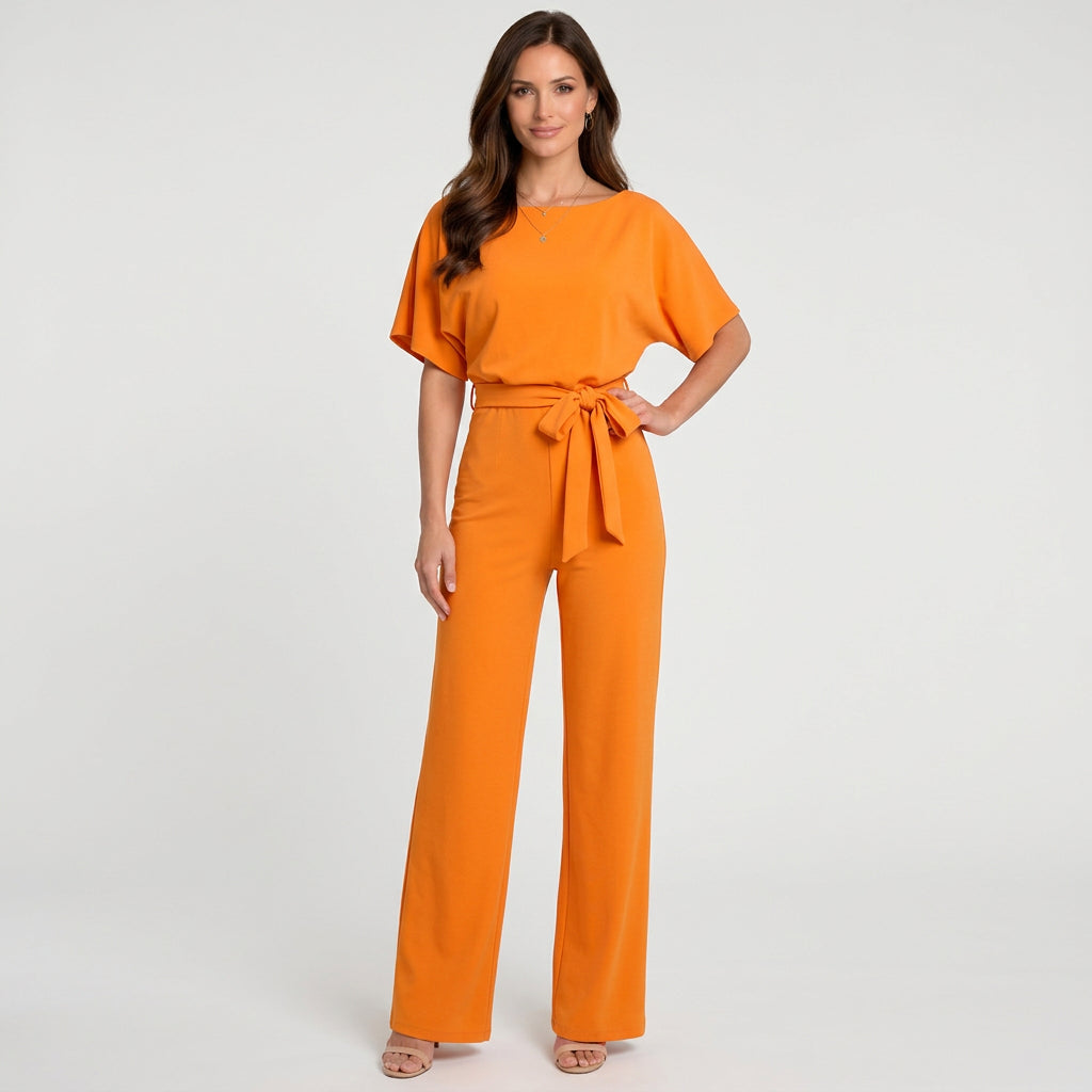 Women’s Wide Leg Jumpsuit Belted Waist – Short Sleeve Occasion One Piece