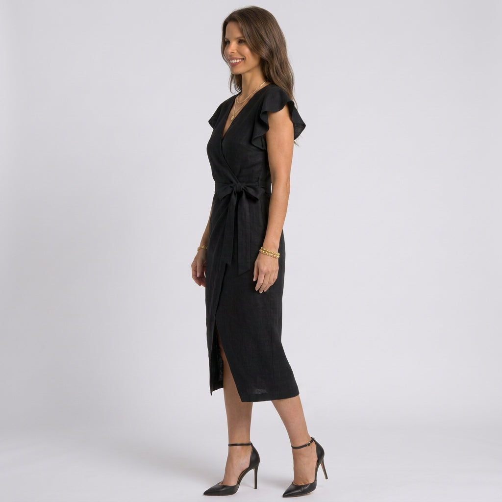 Women’s Wrap Midi Dress Flutter Sleeve – Draped Occasion Dress