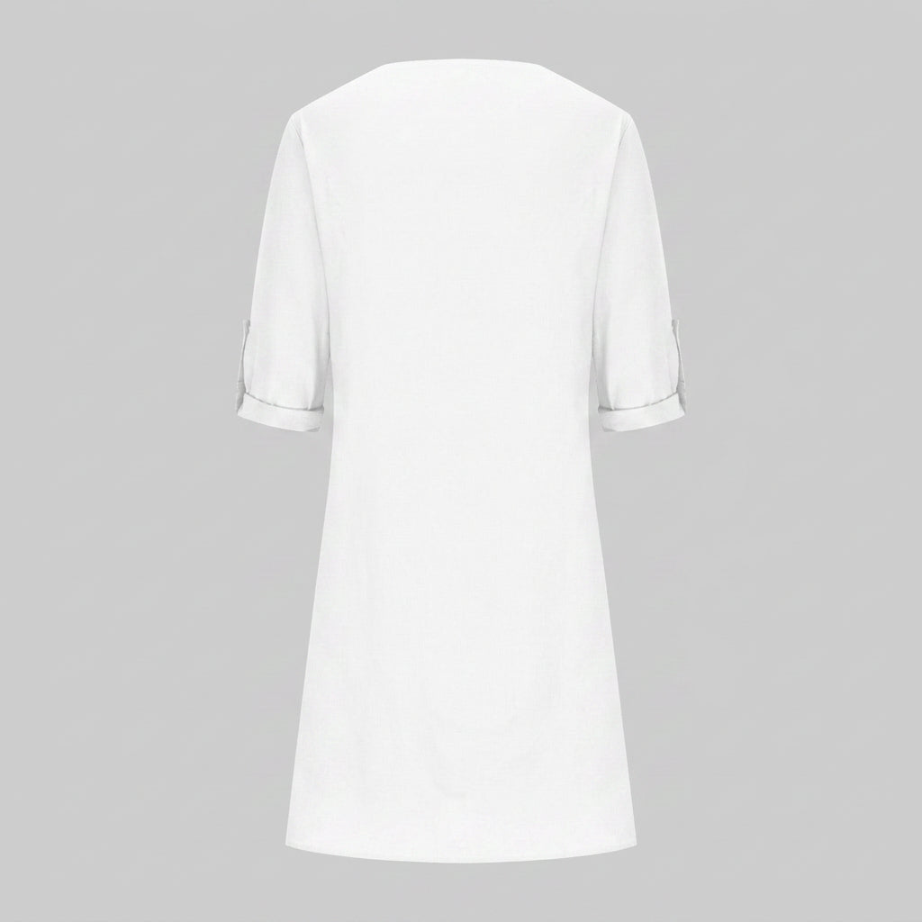 Women V Neck Linen Mini Dress Three Quarter Sleeve - Casual Linen Dress