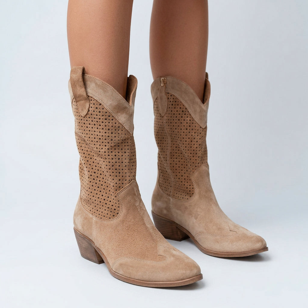 Women’s Mid Calf Cowboy Boots Perforated Detail – Block Heel Western Boots