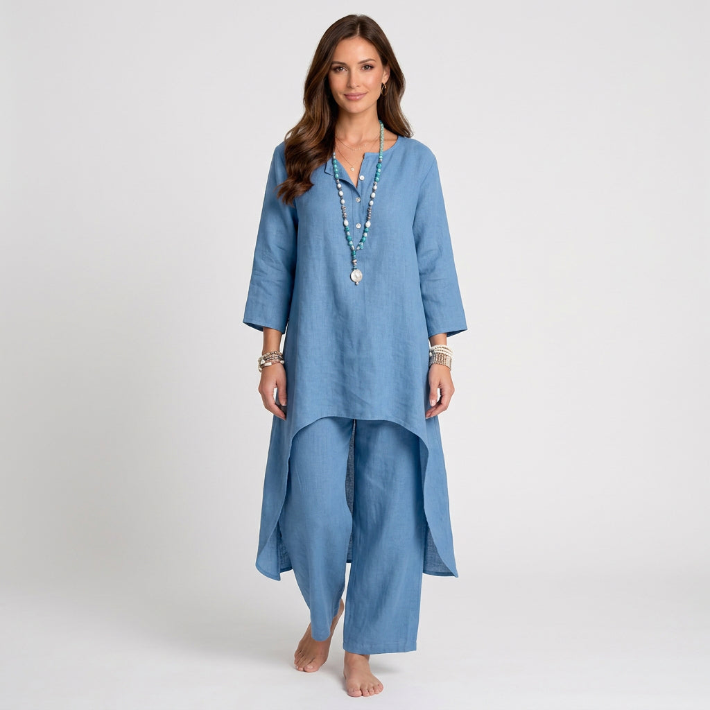 Women Two Piece Linen Set Long Tunic Top and Relaxed Pants Casual Everyday