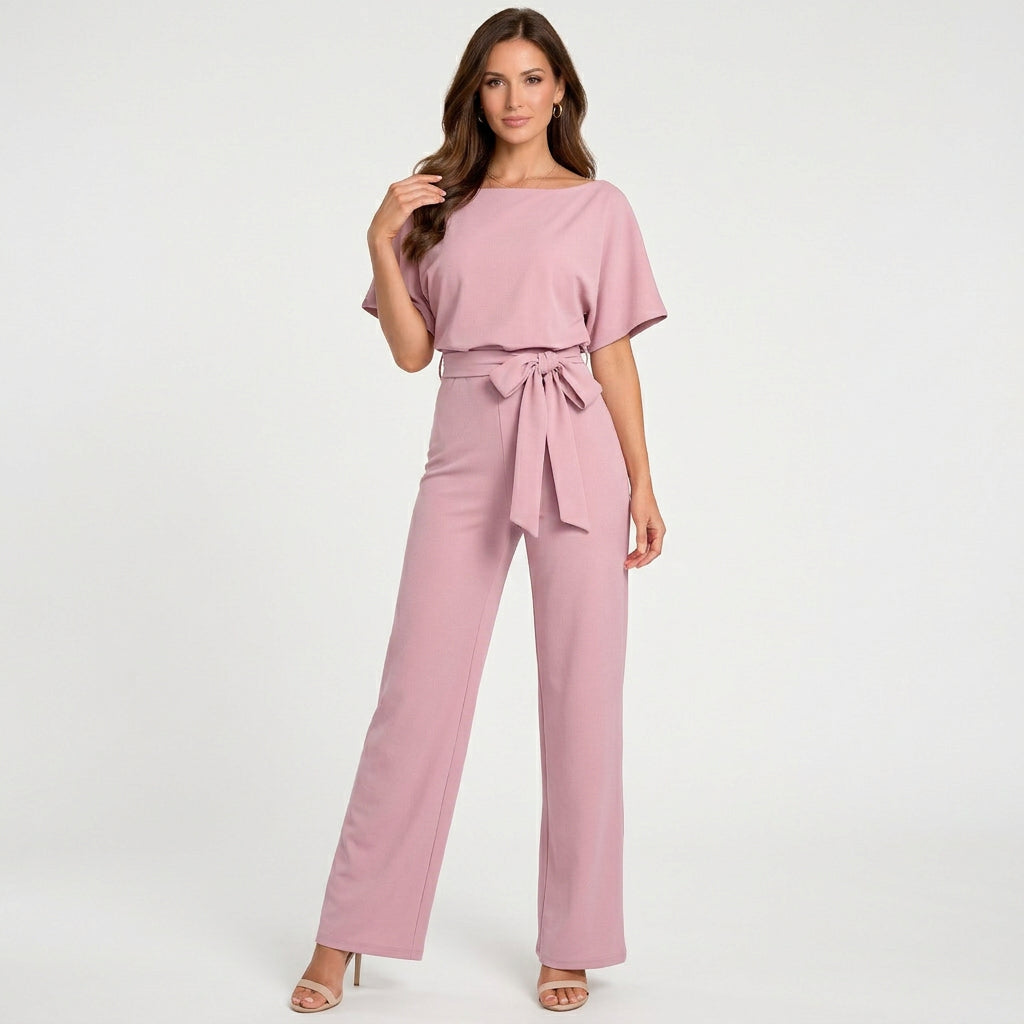 Women’s Wide Leg Jumpsuit Belted Waist – Short Sleeve Occasion One Piece