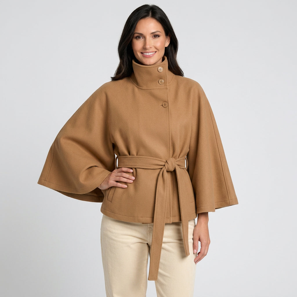 Women’s Belted Cape Jacket – High Neck Cape Coat