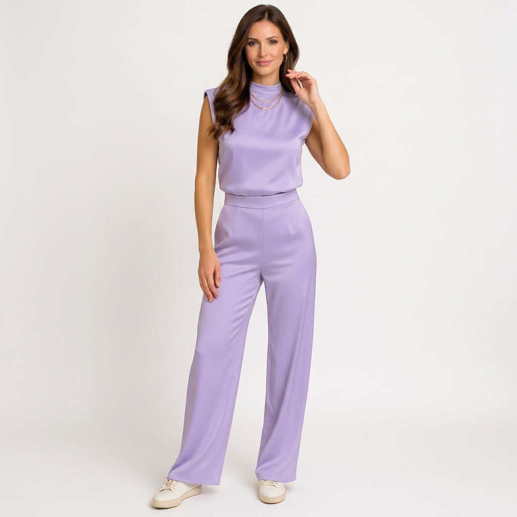 Women’s Wide Leg Jumpsuit Sleeveless High Neck – Pull On One Piece