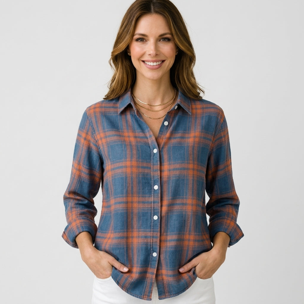 Women’s Plaid Button Front Shirt – Long Sleeve Casual Overshirt