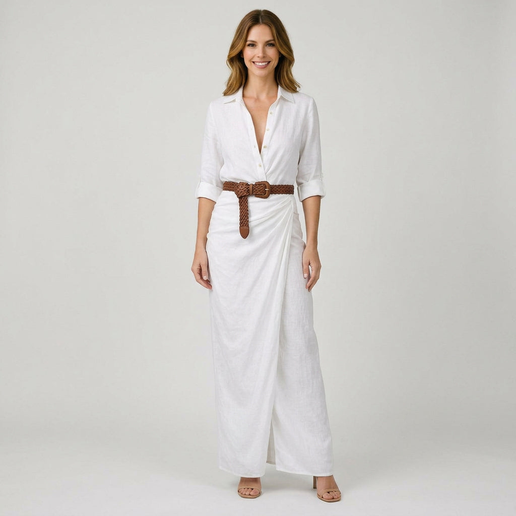 Women’s Maxi Shirt Dress Belted Waist – Long Sleeve Occasion Dress