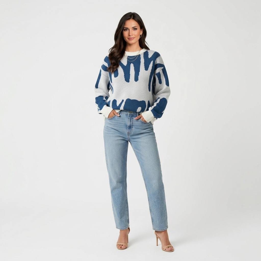 Women’s Abstract Knit Sweater – Crew Neck Long Sleeve Graphic Pullover