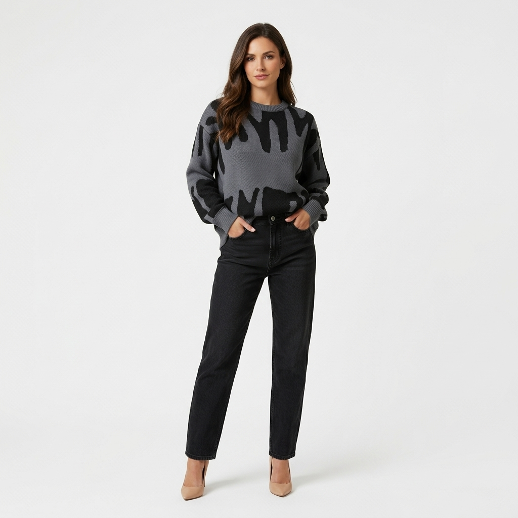 Women’s Abstract Knit Sweater – Crew Neck Long Sleeve Graphic Pullover